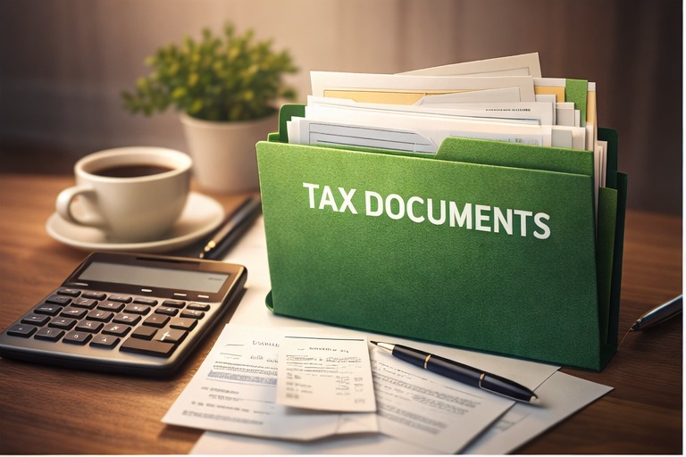 Tidy stack of organised receipts and a cream tax document folder