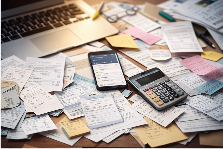 Scattered receipts, sticky notes and a phone showing a camera roll of receipt photos